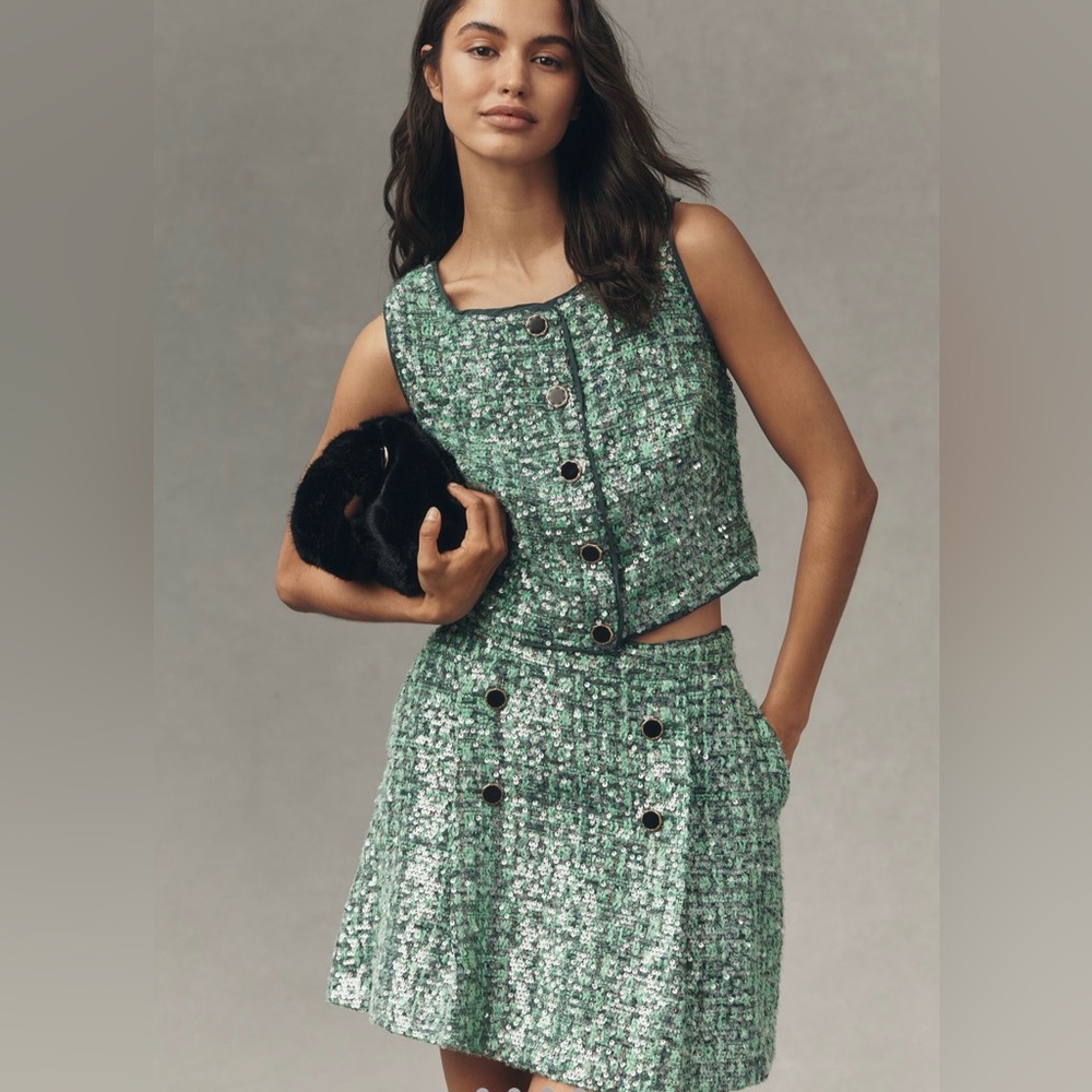 Maeve Anthropologie Sequin Tweed Set Green Sequin Mini Skirt and Sleeveless Vest